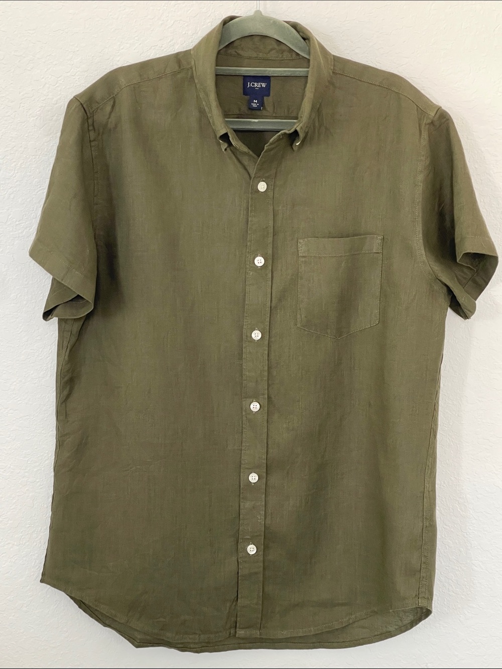 J.Crew Men’s Medium Olive Green Linen Blend Short Sleeve Button Down Shirt